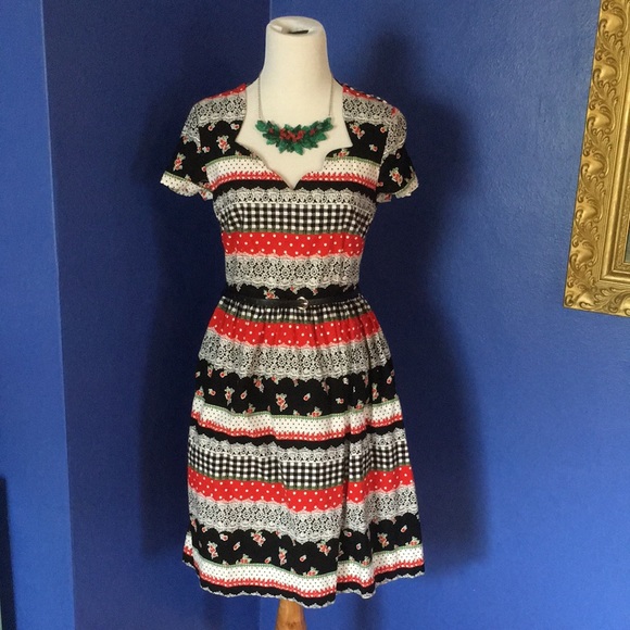 Vintage Modcloth Bea & Dot Holiday Calico Mixed Print Cotton Dress - Picture 9 of 14